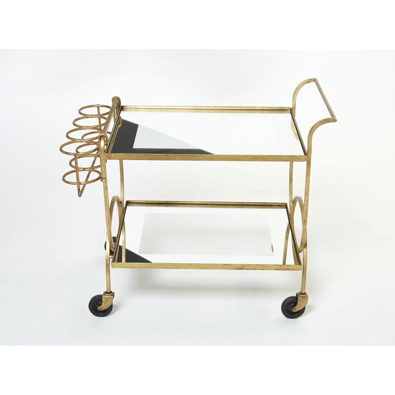 Vintage gilded wrought iron and mirror trolley, 1950