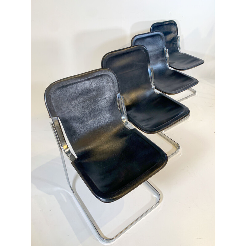 Set of 4 vintage black leather chairs by Cidue, 1970