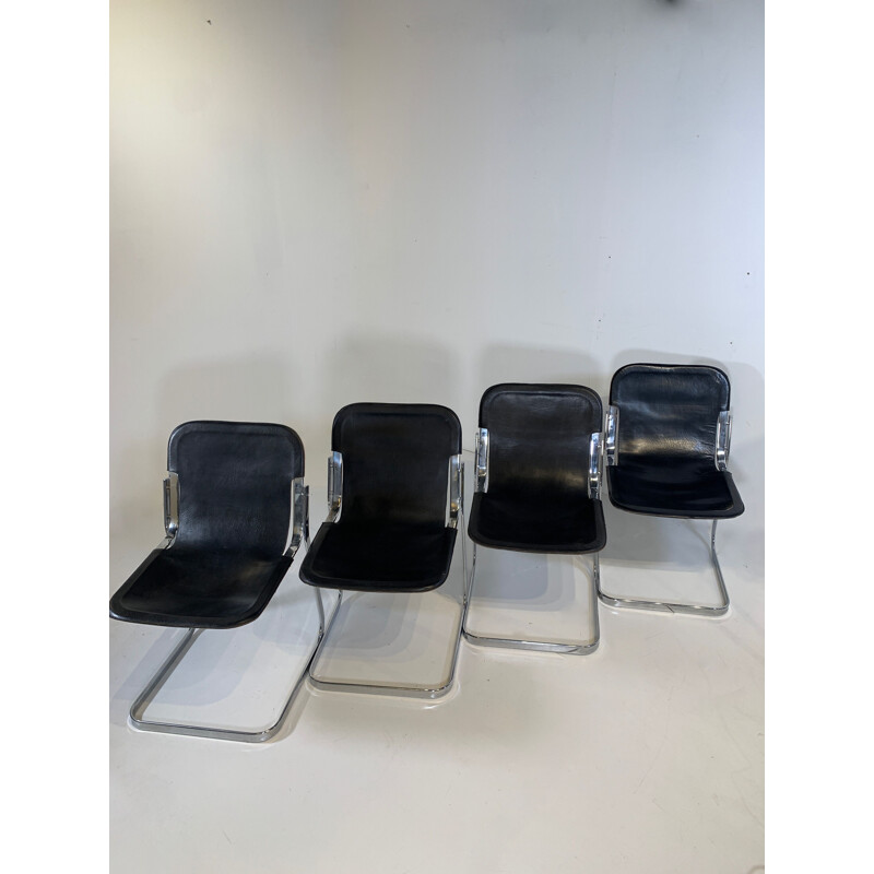 Set of 4 vintage black leather chairs by Cidue, 1970