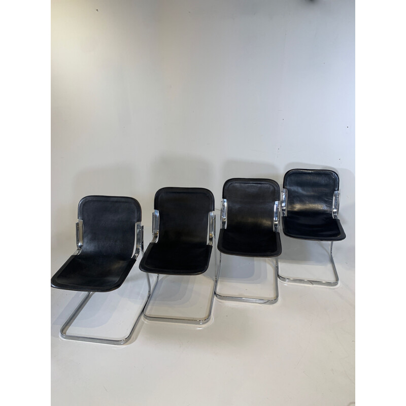 Set van 4 vintage zwart lederen stoelen van Cidue, 1970