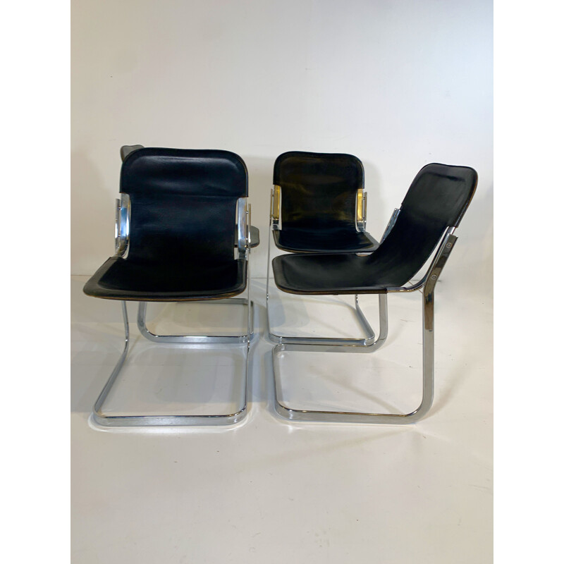 Juego de 4 sillas vintage de cuero negro de Cidue, 1970