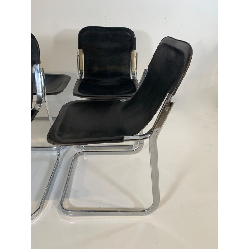 Juego de 4 sillas vintage de cuero negro de Cidue, 1970