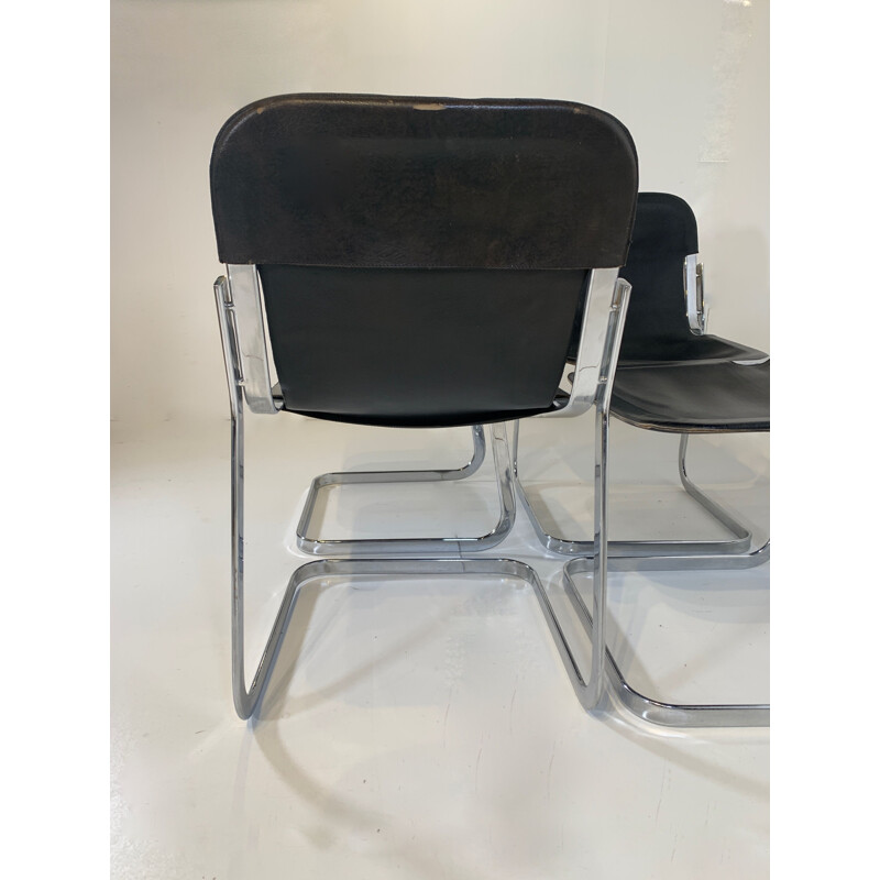 Ensemble de 4 chaises vintage en cuir noire par Cidue, 1970
