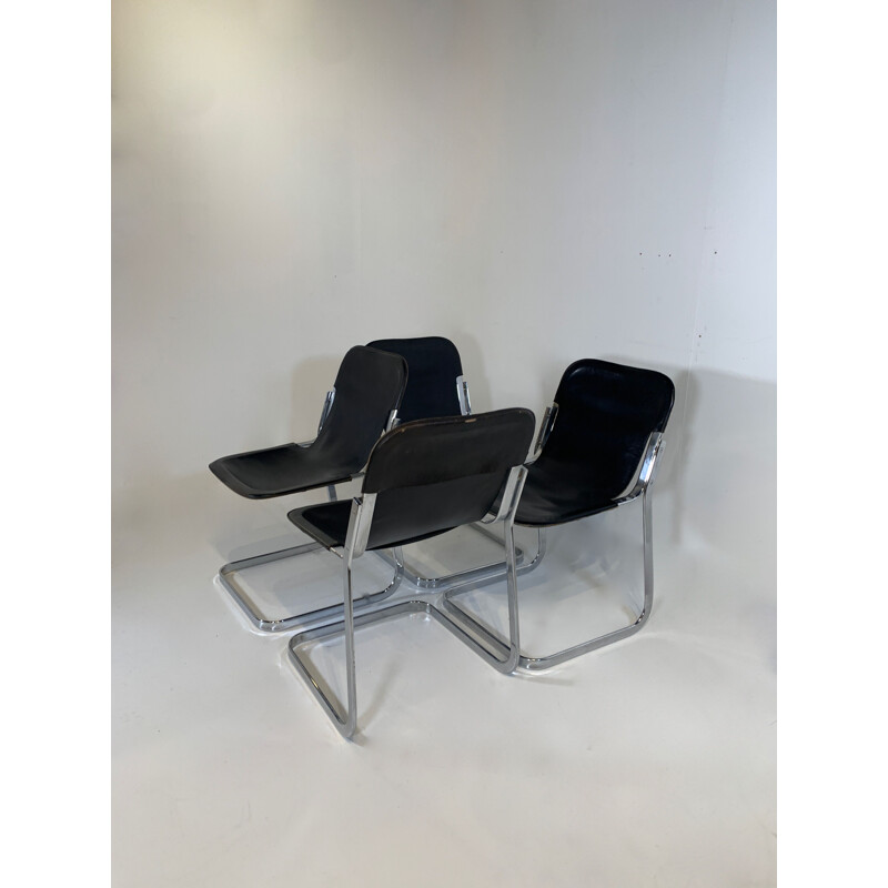 Set of 4 vintage black leather chairs by Cidue, 1970