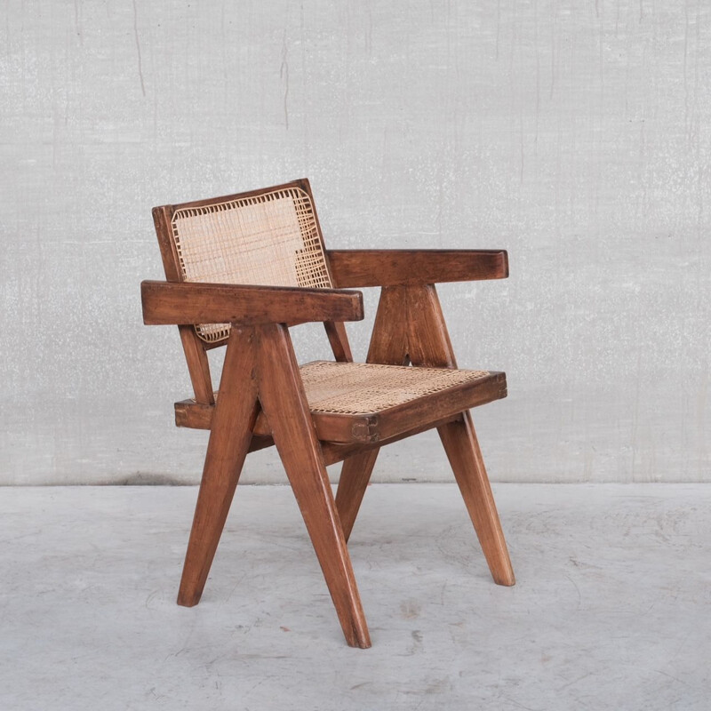 Vintage cane and teak office armchair by Pierre Jeanneret, India 1960s