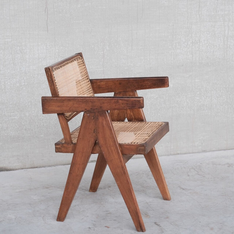 Vintage rattan e cadeira de escritório em teca por Pierre Jeanneret, Índia 1960