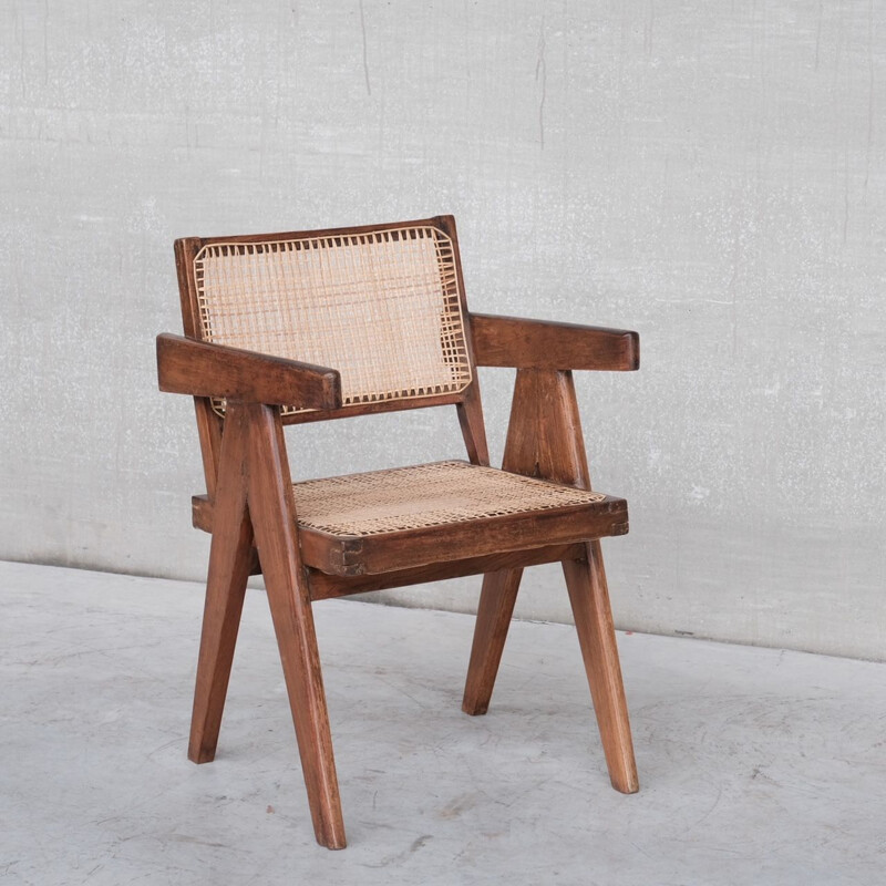 Vintage cane and teak office armchair by Pierre Jeanneret, India 1960s