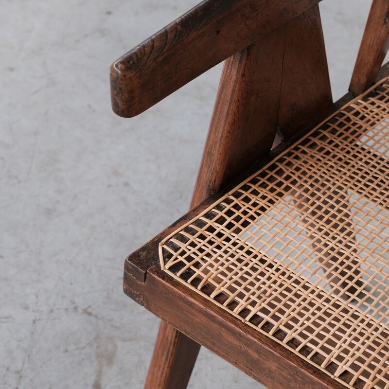 Vintage rattan e cadeira de escritório em teca por Pierre Jeanneret, Índia 1960