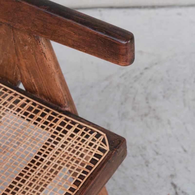 Vintage rotan en teakhouten bureaustoel van Pierre Jeanneret, India 1960