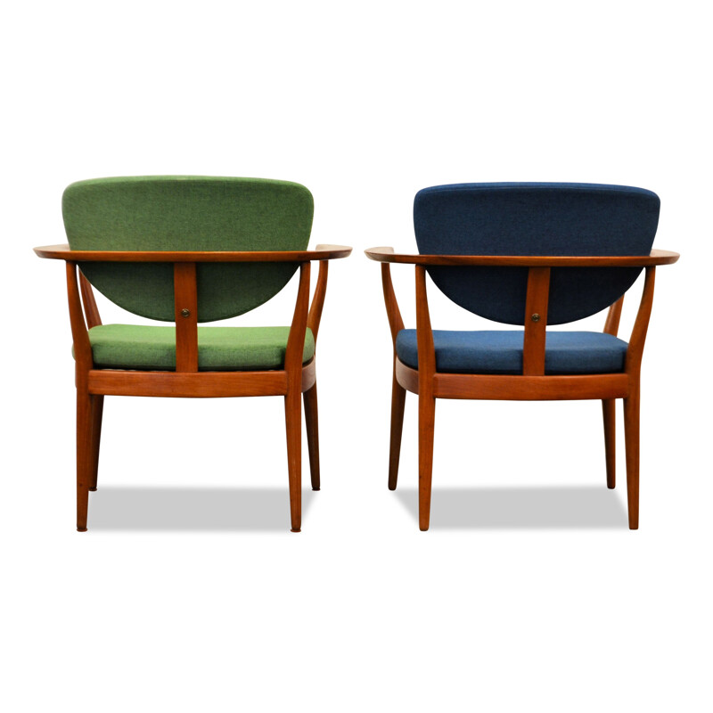 Pair of Danish armchairs in teak and blue and green fabric - 1960s