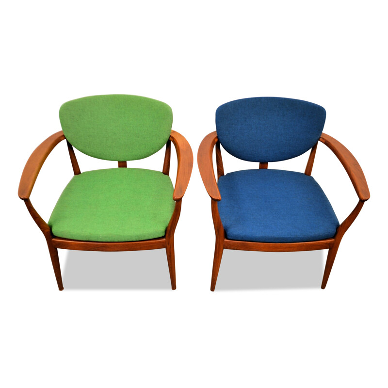 Pair of Danish armchairs in teak and blue and green fabric - 1960s