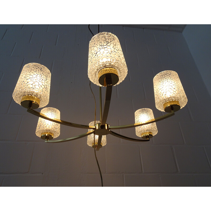 Vintage six-armed chandelier in brass and glass, 1960-1970s
