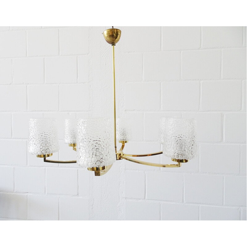 Vintage six-armed chandelier in brass and glass, 1960-1970s