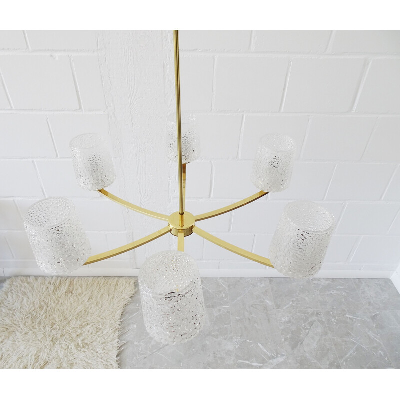 Vintage six-armed chandelier in brass and glass, 1960-1970s