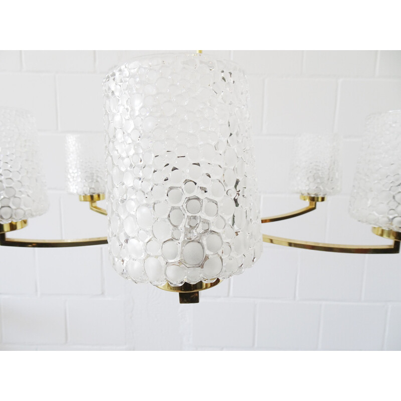 Vintage six-armed chandelier in brass and glass, 1960-1970s