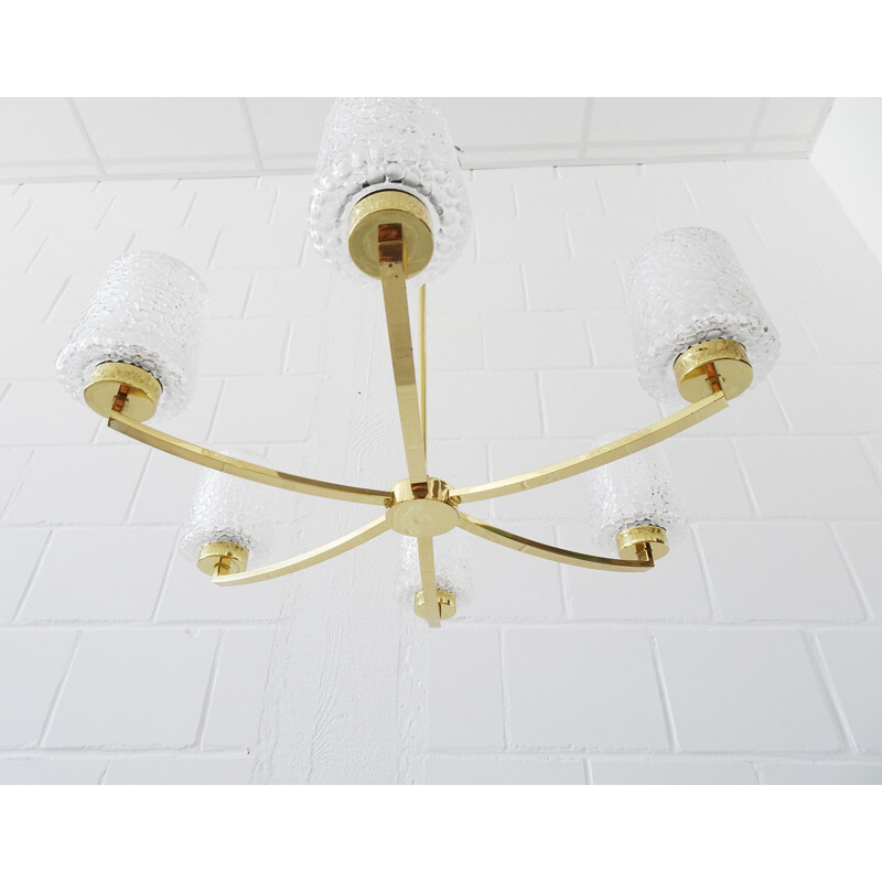 Vintage six-armed chandelier in brass and glass, 1960-1970s