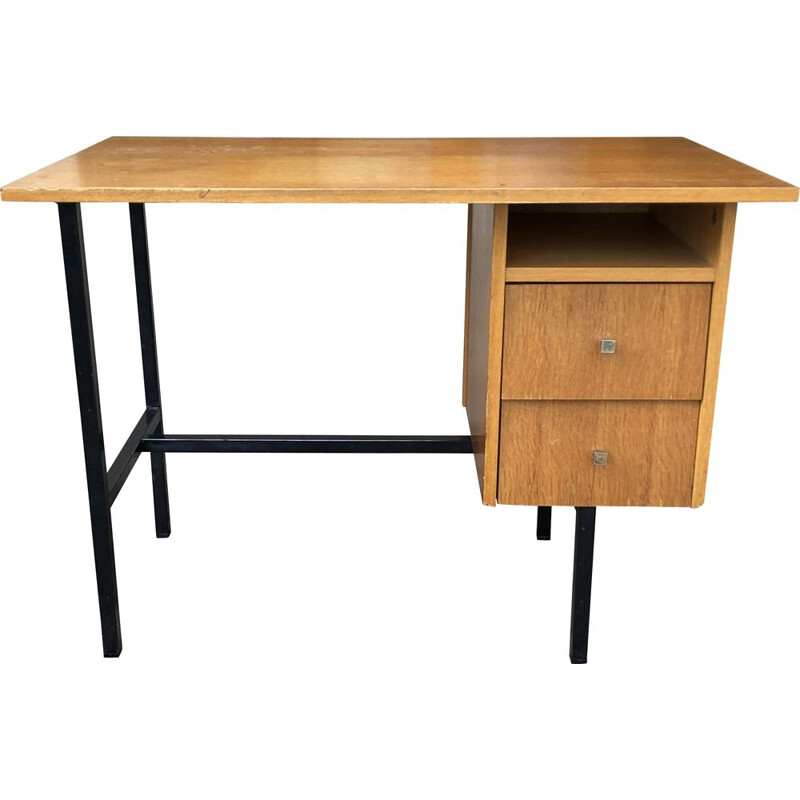 Vintage oak and metal tubular desk by Jacques Hitier, 1960