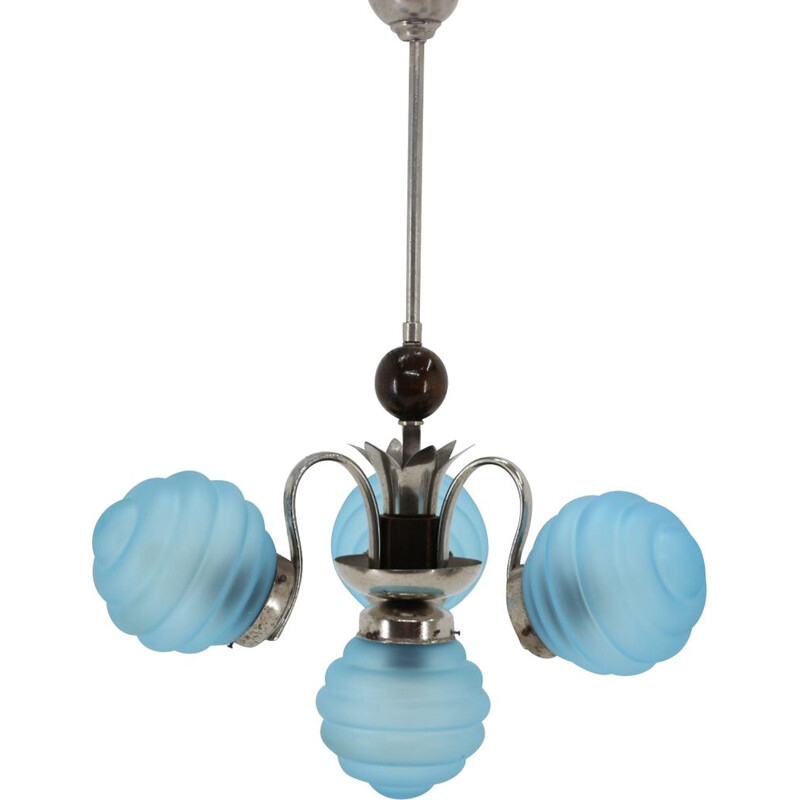 Vintage blue Art Deco chandelier, Czechoslovakia  1930s