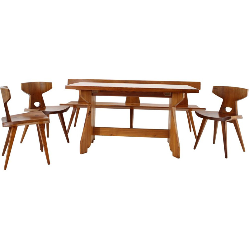 Cadeira e mesa de pinhal Vintage, colocada por Jacob Kielland-Brandt para I. Christiansen, Dinamarca 1960
