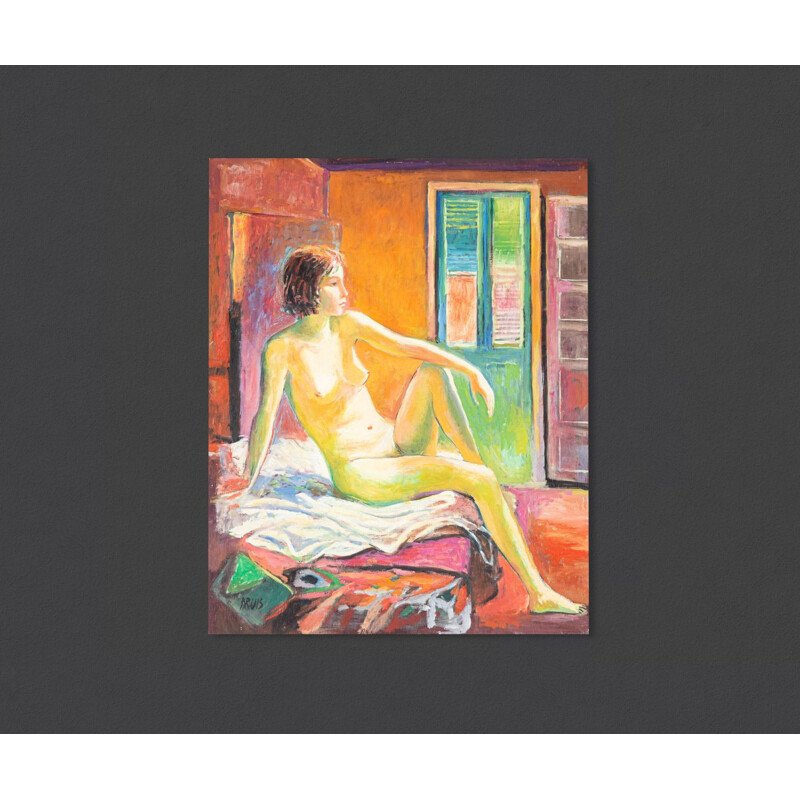 Vintage acrylic on wood poster "Nude painting in an expressionist style".