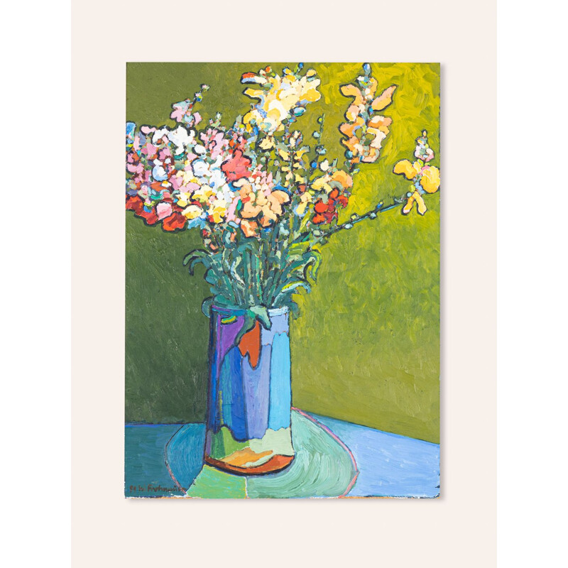 Oil on vintage wood plate "Floral Stil Life", 1989