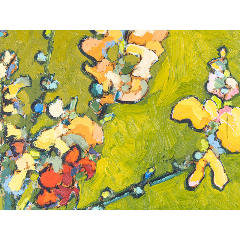 Oil on vintage wood plate "Floral Stil Life", 1989