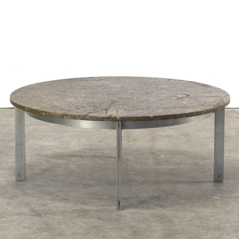 Round "expertise 0305" coffee table in fossile stone and aluminum, Ronald SCHMITT - 1970s
