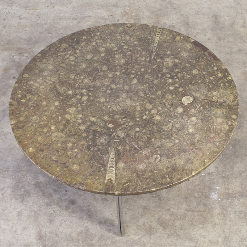 Round "expertise 0305" coffee table in fossile stone and aluminum, Ronald SCHMITT - 1970s