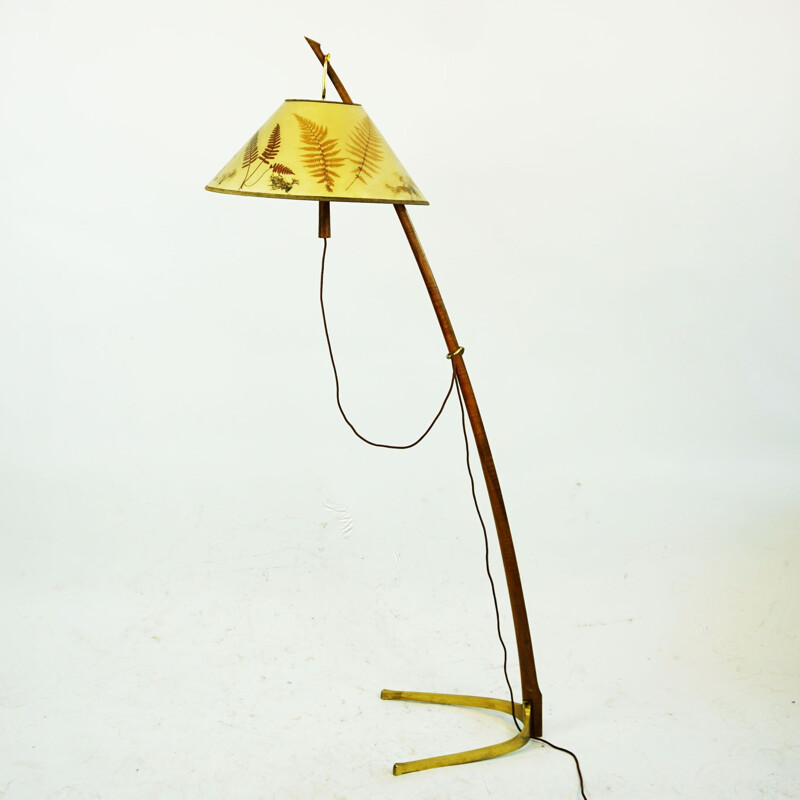 Austrian mid century brass and walnut Dornstab floor lamp by J. T. Kalmar