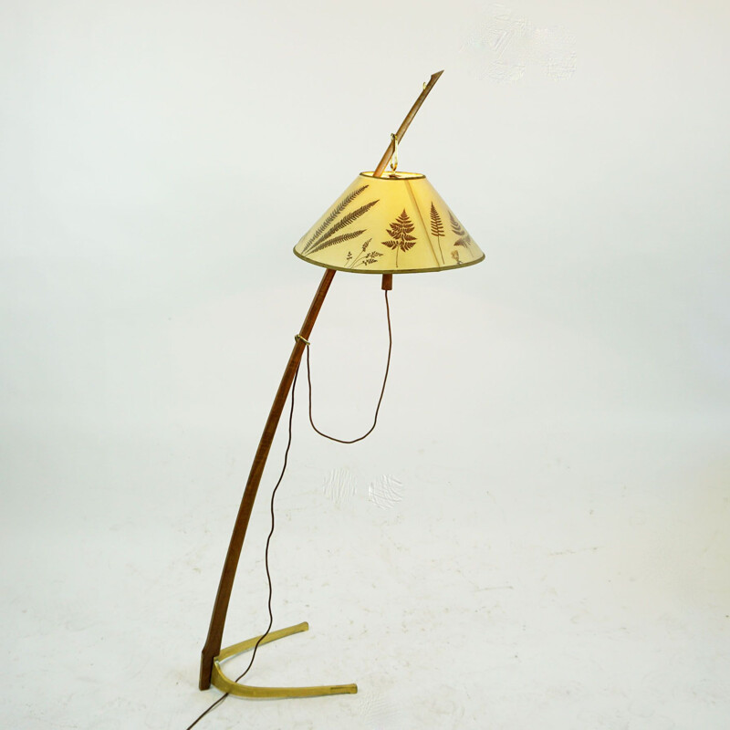 Austrian mid century brass and walnut Dornstab floor lamp by J. T. Kalmar