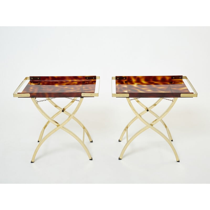 Pair of vintage decorative maids in faux tortoiseshell and brass by Maison Mercier, 1970