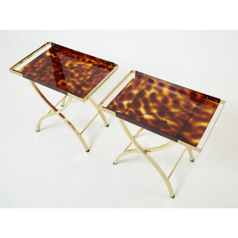 Pair of vintage decorative maids in faux tortoiseshell and brass by Maison Mercier, 1970