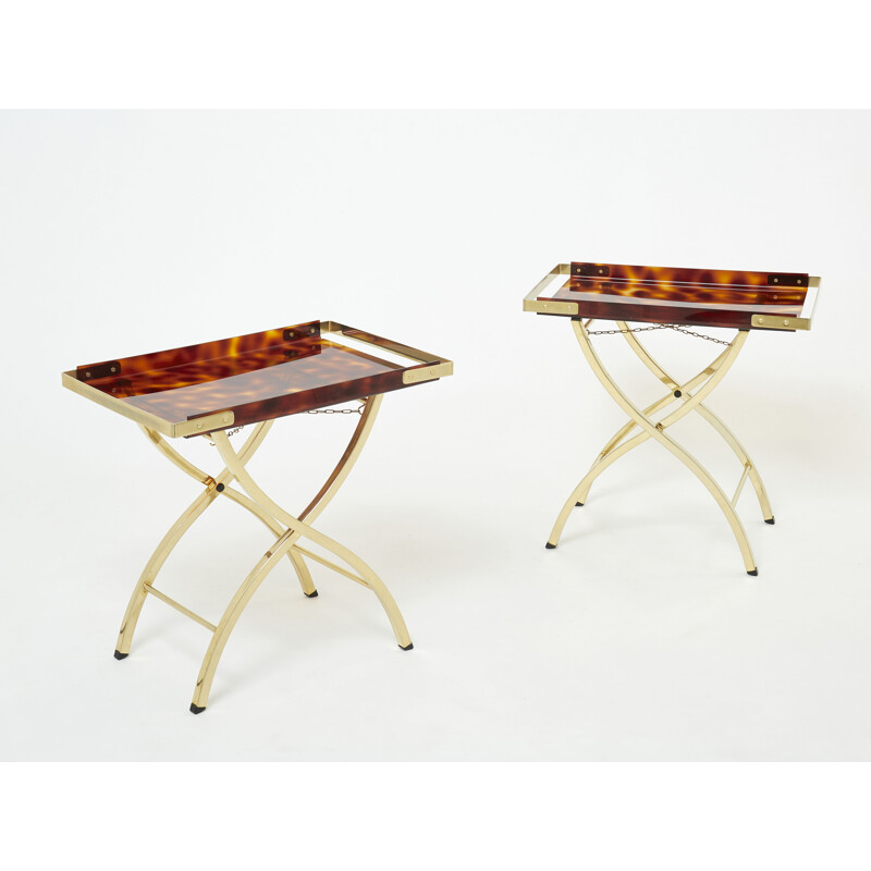 Pair of vintage decorative maids in faux tortoiseshell and brass by Maison Mercier, 1970