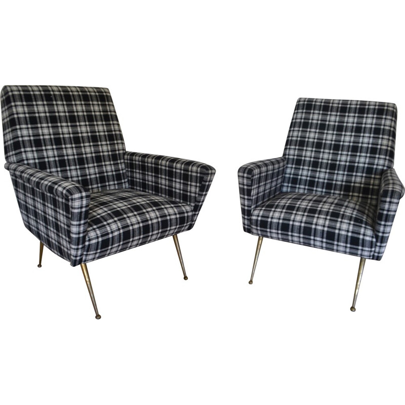 Pair of reupholstered Italian armchairs in white and black fabric - 1950s