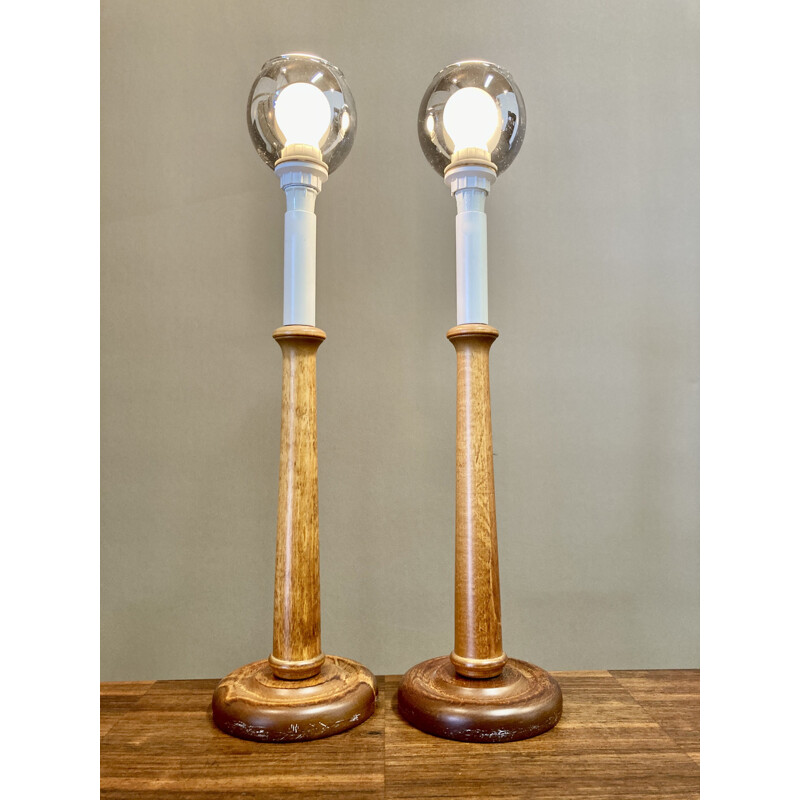 Pair of Scandinavian vintage glass and wood lamps, 1950