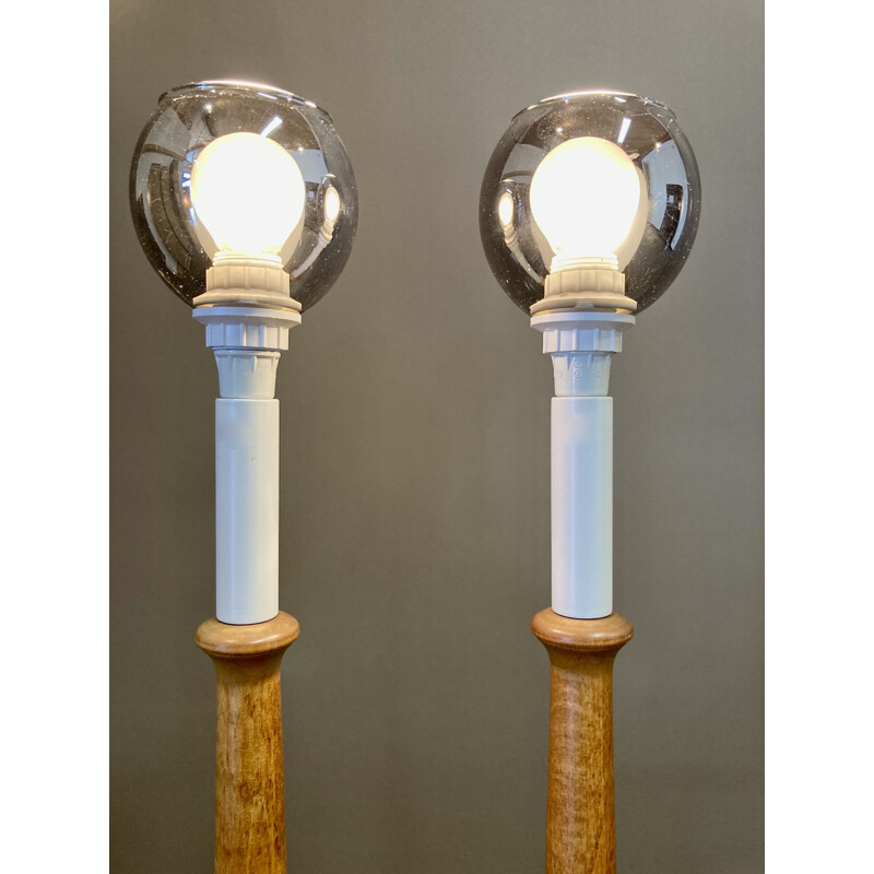 Pair of Scandinavian vintage glass and wood lamps, 1950