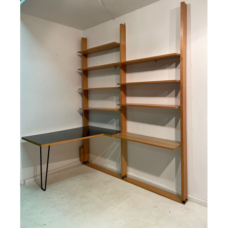 Vintage bookcase with desk in blond beechwood by Dieter Waeckerlin, 1960