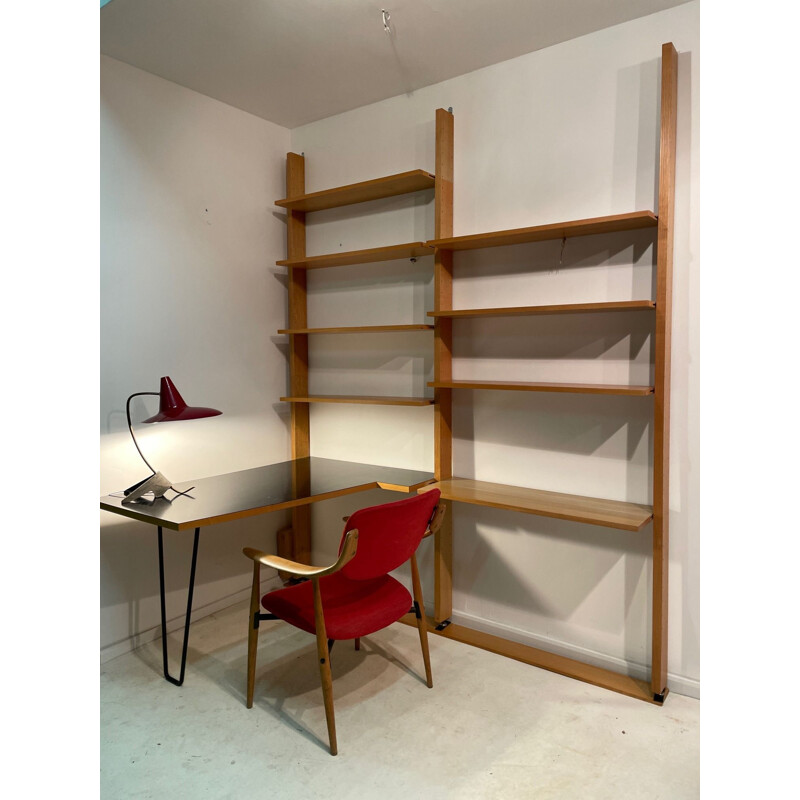 Vintage bookcase with desk in blond beechwood by Dieter Waeckerlin, 1960