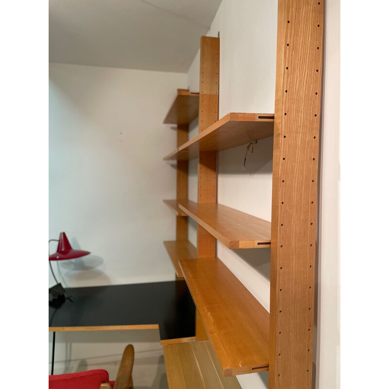 Vintage bookcase with desk in blond beechwood by Dieter Waeckerlin, 1960