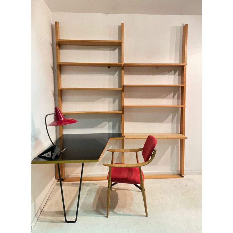 Vintage bookcase with desk in blond beechwood by Dieter Waeckerlin, 1960