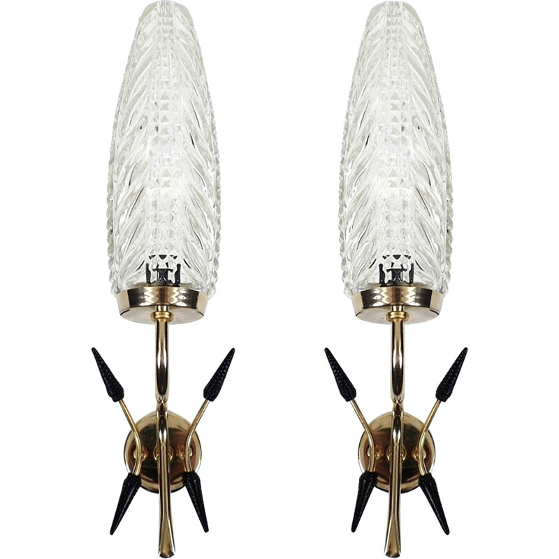 Pair of French wall lights in glass and brass - 1950s