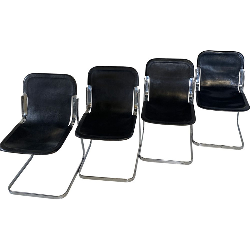 Ensemble de 4 chaises vintage en cuir noire par Cidue, 1970