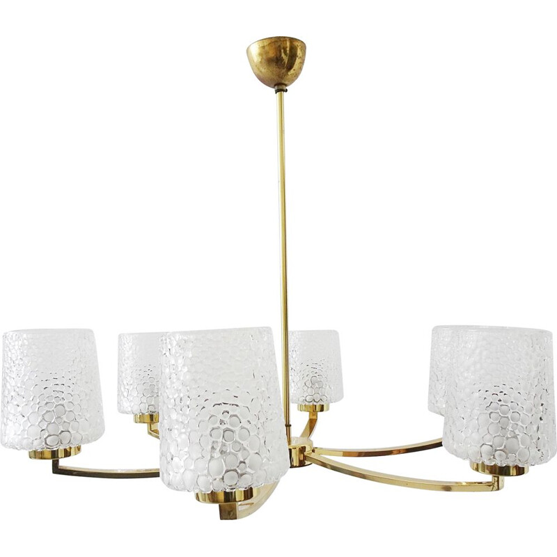 Vintage six-armed chandelier in brass and glass, 1960-1970s