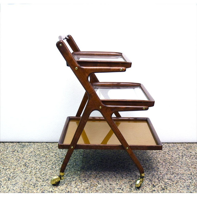 Carrello di servizio vintage in noce e ottone di Cesare Lacca per Cassina, 1950