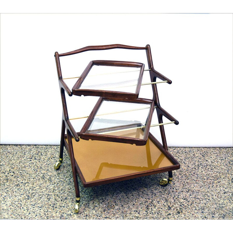 Carrello di servizio vintage in noce e ottone di Cesare Lacca per Cassina, 1950