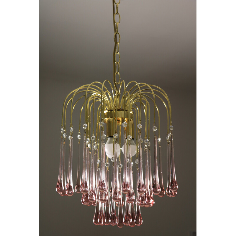 Vintage pink Murano glass drops chandelier, 1970s