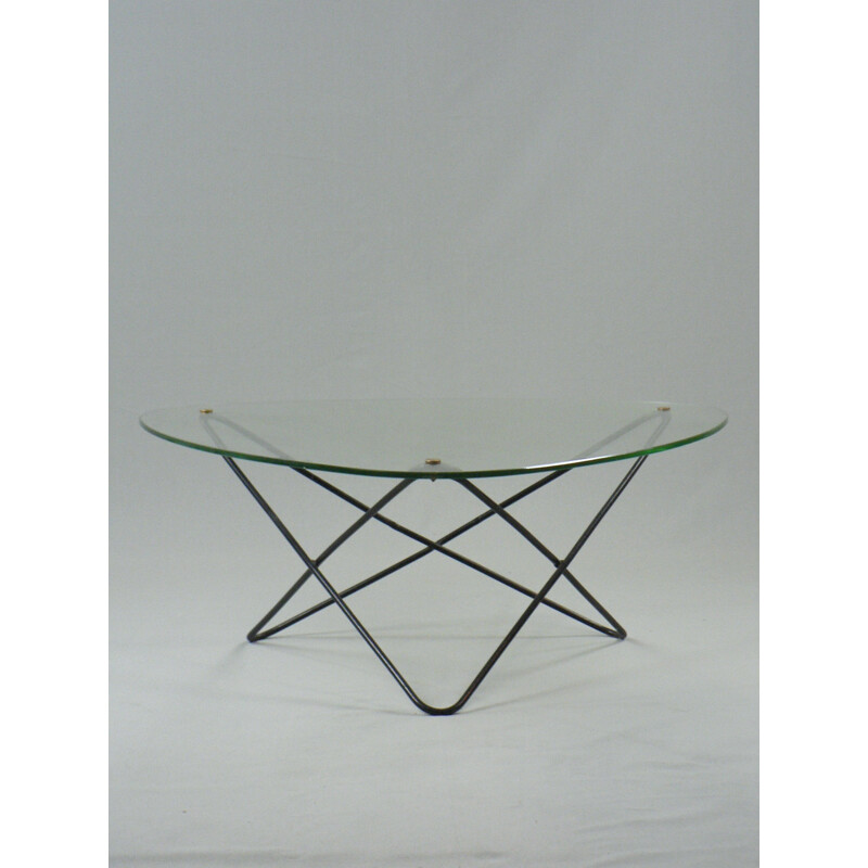 Airborne "Jasmin" coffee table in glass and black steel, Florent LASBLEIZ - 1950s