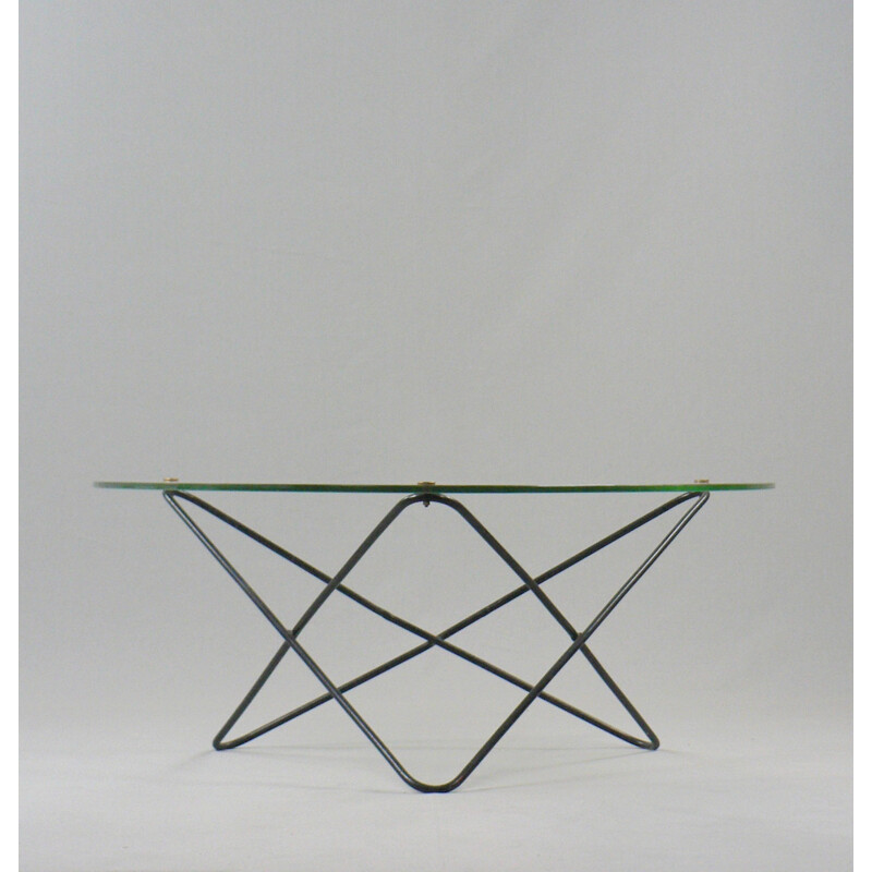 Airborne "Jasmin" coffee table in glass and black steel, Florent LASBLEIZ - 1950s