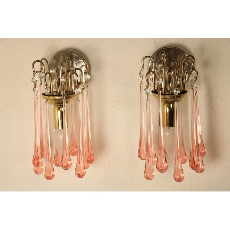 Pair of vintage wall lamps with pink Murano glass drops, 1970s