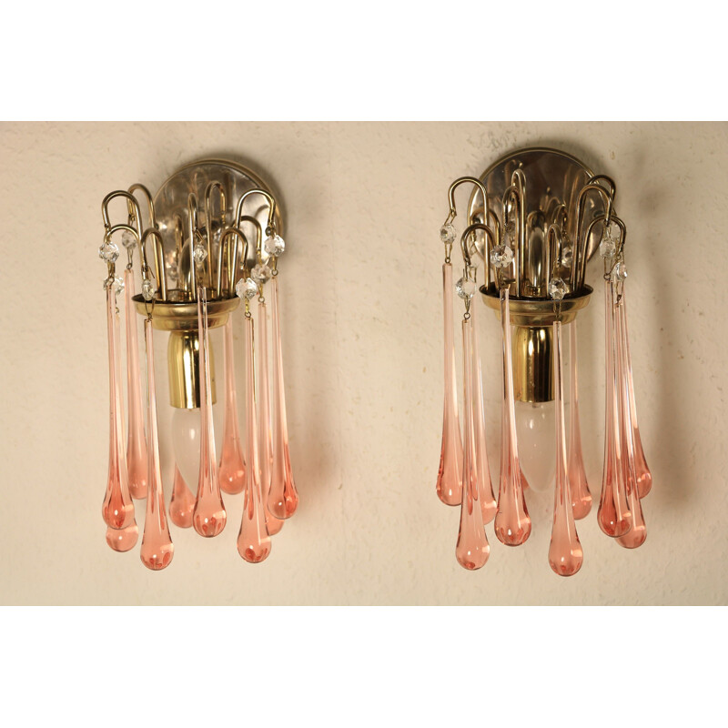 Paire d'appliques vintage avec gouttes en verre de Murano rose, 1970